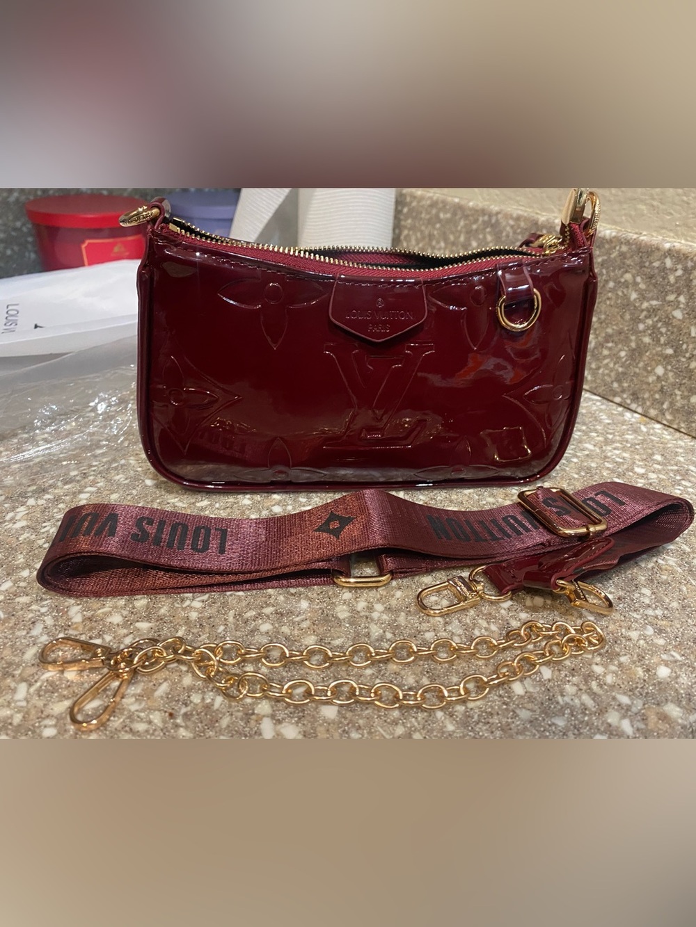Burgundy Patent Crossbody Bag with Gold Hardware - Picture 7 of 8